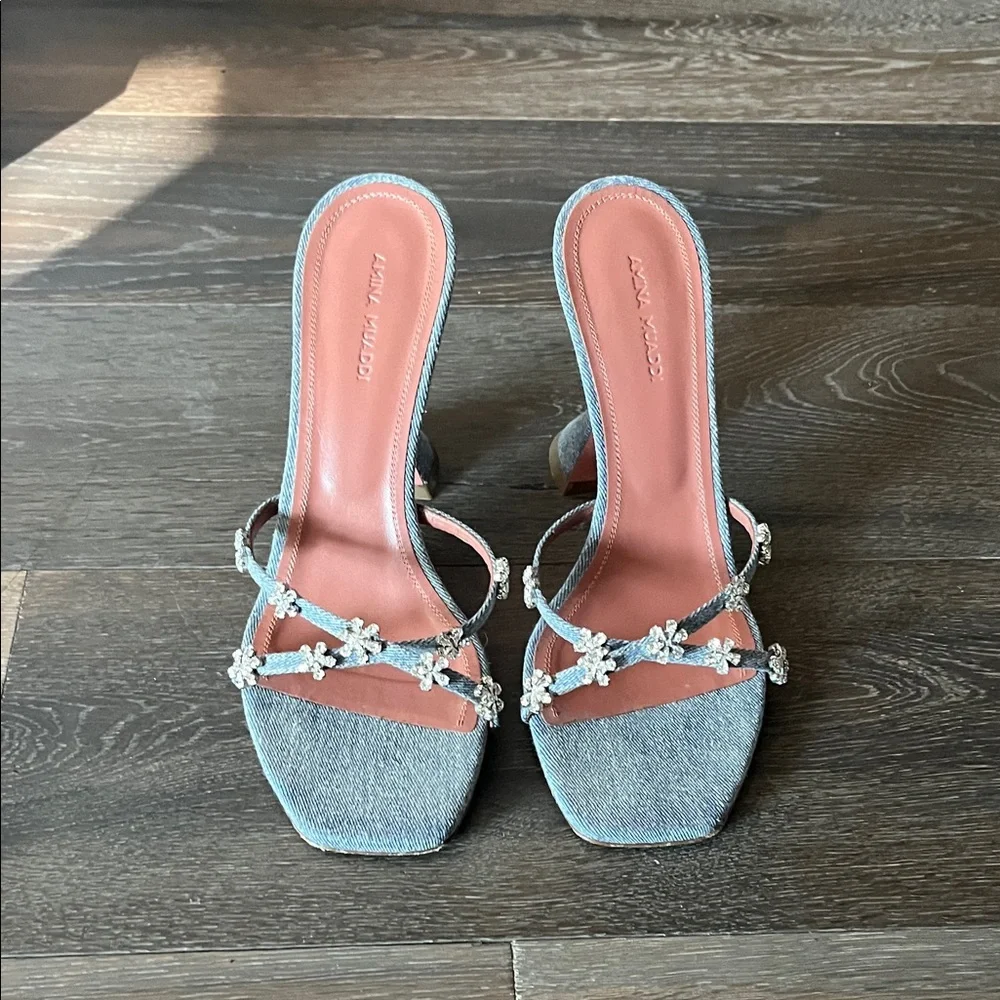 Amina Muaddi Blue Denim Heels with Floral Embellishments - Picture 1 of 4